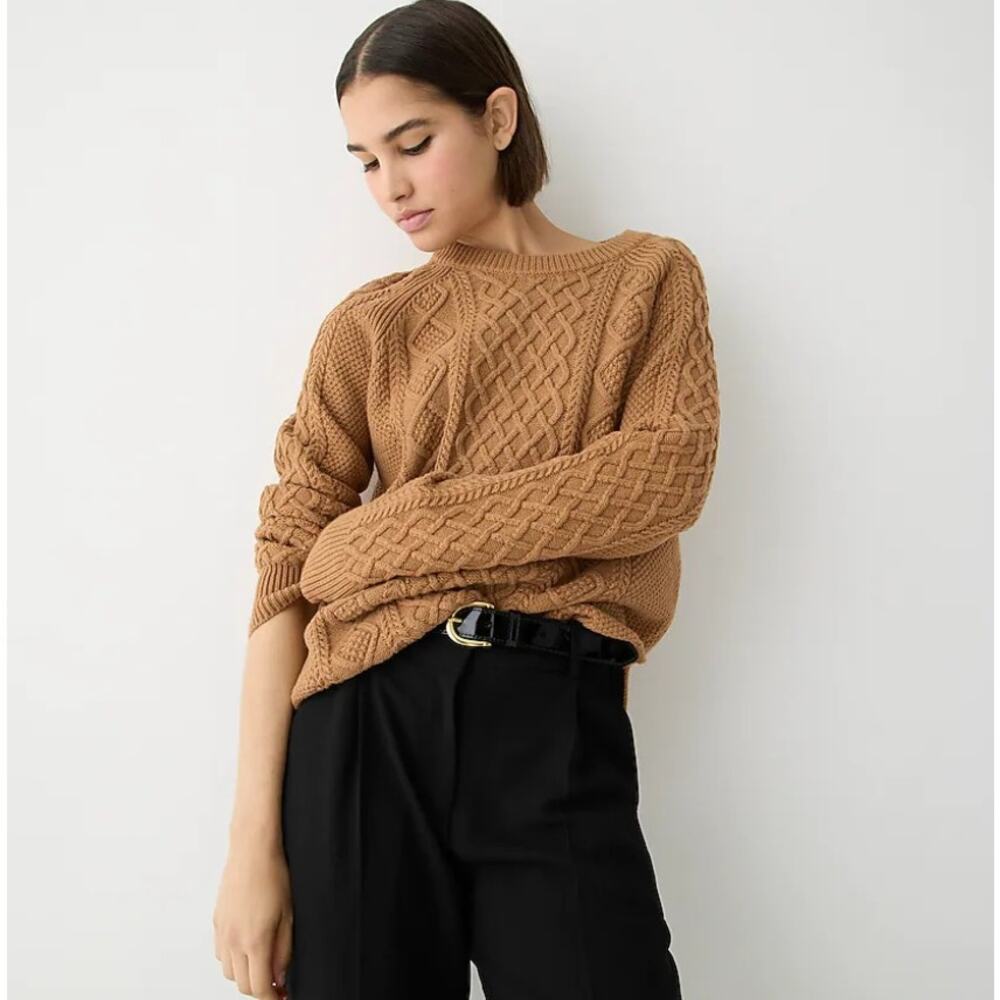 J.Crew XL Camel Cable Knit Sweater 100% Cotton Fisherman Crewneck